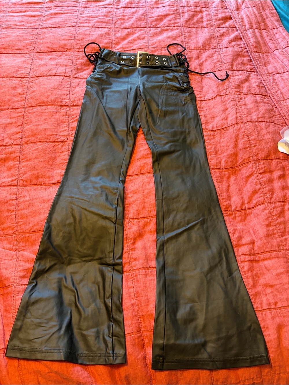 Black, Side Lace-Up Faux Leather Pants, S